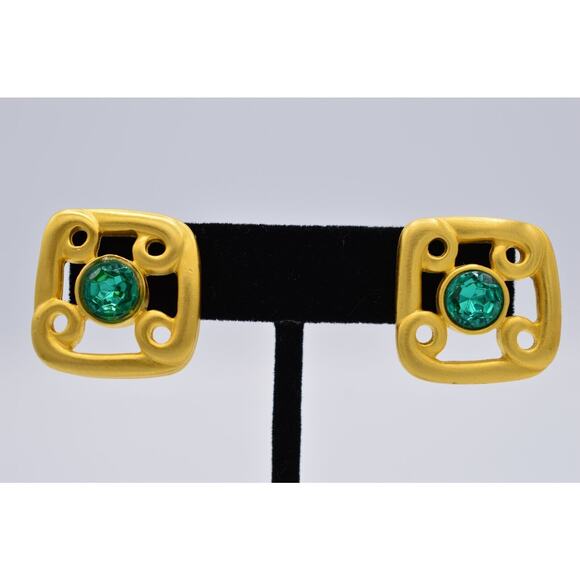 Givenchy Vintage Green Crystal Earrings Brushed Gold Matte Signed 1980s BinAF - Picture 1 of 12
